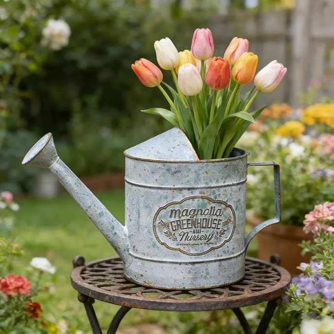 Vintage Galvanized Metal Watering Can, Magnolia Greenhouse Design, Decorative Watering Pot, Functional Garden Waterer for Indoor Outdoor Plant Care, Rustic Decor for Home Garden Patio