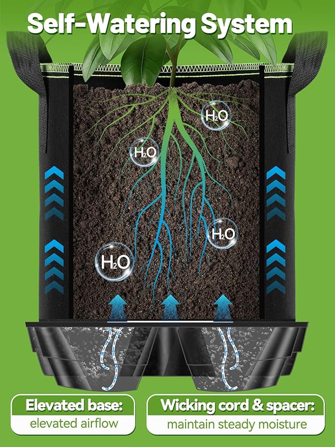 MADHOLLY Self Watering Pots for Indoor Plants with Grow Bags - 2 Pack 5 Gallon Thick Fabric Auto Irrigation Planter with Portable Handles, Water Storage Saucer, for Outdoor Vegetables, Herbs, Flower