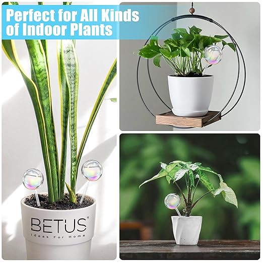 Betus 2 Pcs Iridescent Glass Plant Watering Globes – Self Watering Bulbs for Indoor Outdoor Houseplants, Automatic Plant Waterer System for Daily Care or Vacation, Rainbow Glass Watering Stakes