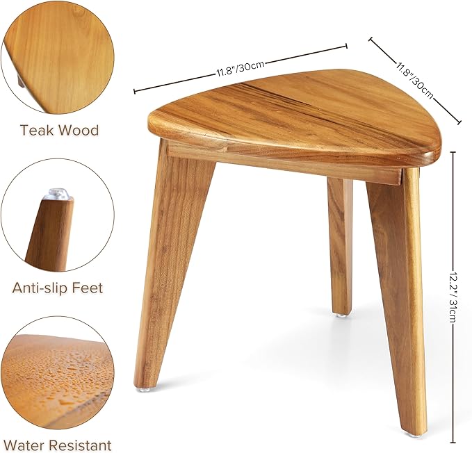 Teak Shower Stool, Teak Shower Bench, 12'' Spa Shower Foot Rest for Shaving Legs, Waterproof Wood Chair for Inside Shower, Organizer Wooden Stool, Corner Seat for Bathroom Livingroom
