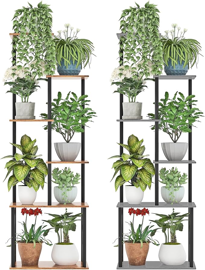 Plant Stand Indoor, 6-Tier Tall Plant Shelf Multiple Metal Wood Flower Pot Holder for Living Room Office Balcony Patio, Oak Grey
