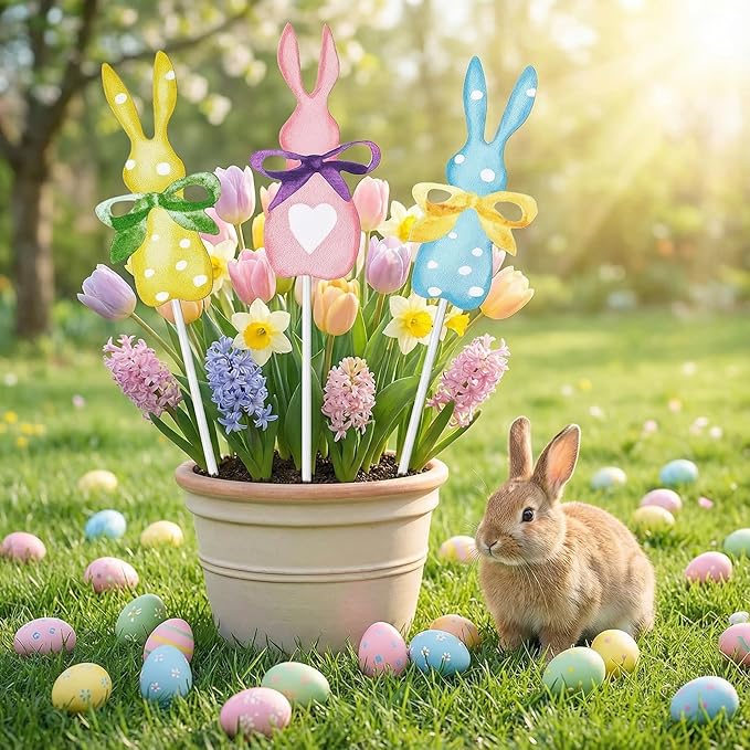 3 Pack Pastel Easter Planter Stakes Bunny Shaped Garden Signs Polka Dot Rabbit Decorative Spring Plant Sticks Bunny Outdoor Decor for Easter Patio Yard Lawn Planter Supplies