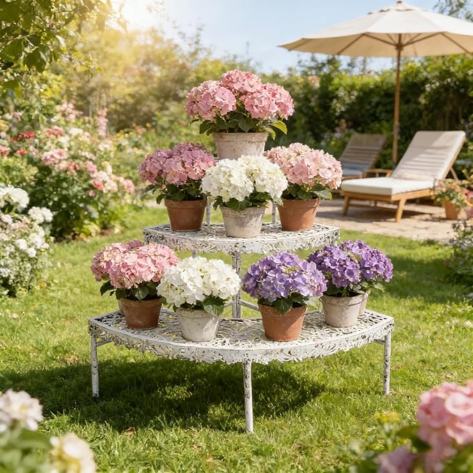 3-Tier Vintage Corner Plant Stand for Indoor Outdoor Distressed Metal Flower Pot Holder Shelves with Ornate Cutout Edges Multi-Level Planter Rack Display Corner Shelf Antique Tall Plant Shelf for Patio Porch Garden Balcony Living Room (White)