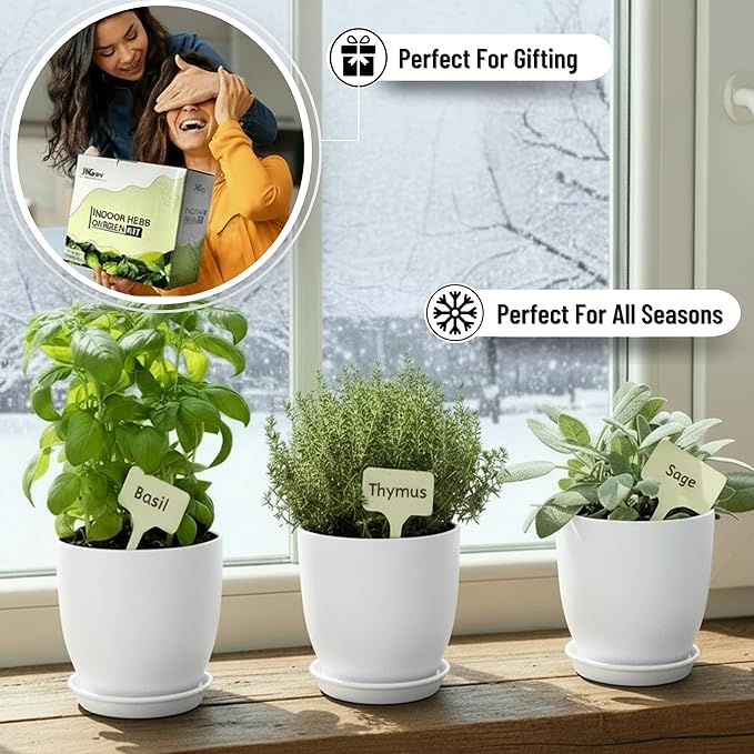 Indoor Garden Kit - Plant Pots with Drainage, Watering Can & Tools - Ideal Windowsill Planter Set - Modern Home & Kitchen Decor Gift - White