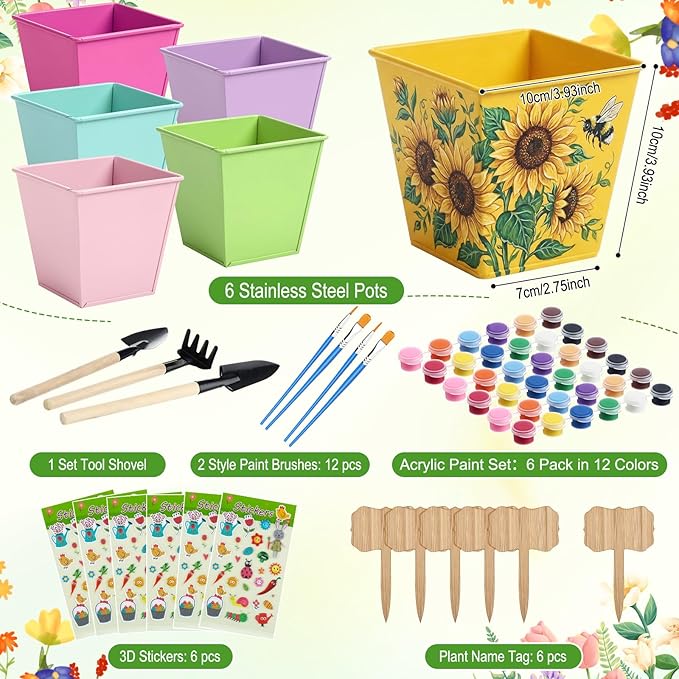 6 Sets Flower Pot Painting Kit DIY 6 Colorful Spring Metal Iron Plant Pots with Acrylic Paint Stickers Brushes Plant Labels Gardening Tool Kit for Planting Crafts Spring Birthday Gift