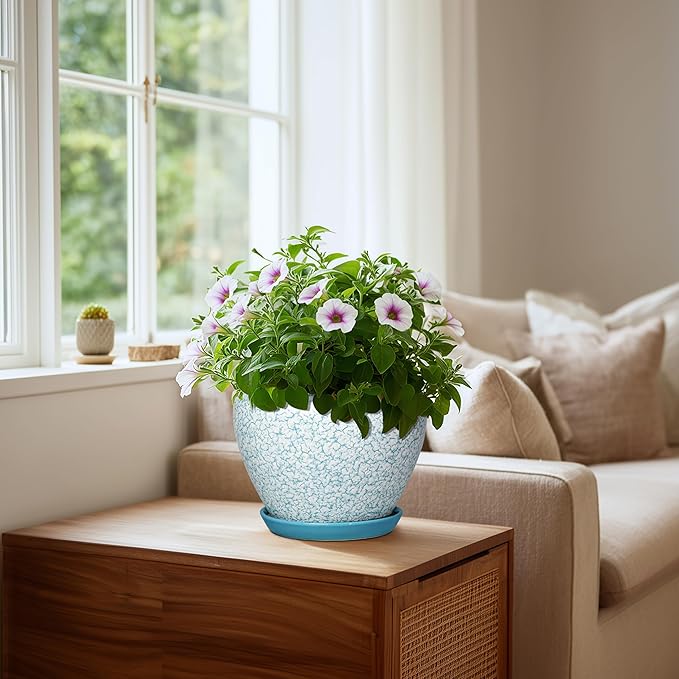 Ceramic Plant Pots - 8 Inch Indoor Plant Pots with Drainage Hole and Tray, Decorative Round Planters for Outdoor Plants, Indoor Plant Pot, Home Decor, Gifts for Men Women, Crackle Blue