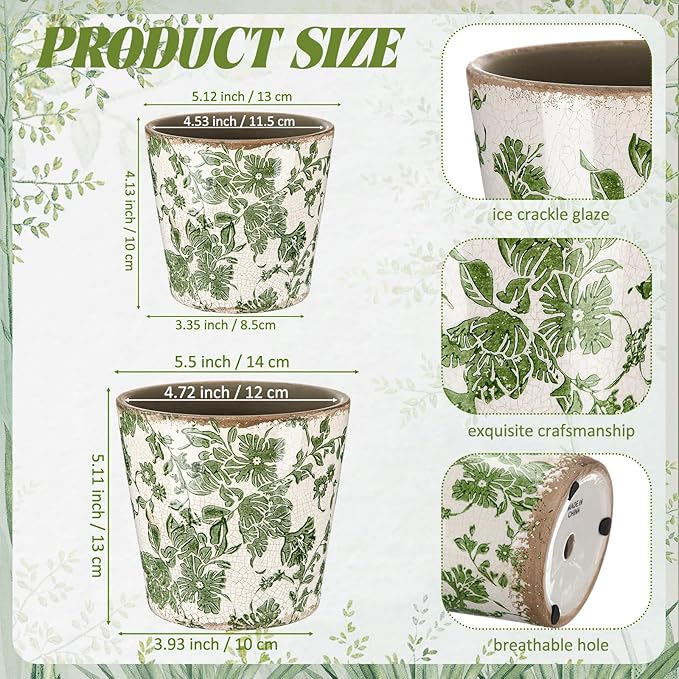 Beeveer 2 Pcs Farmhouse Ceramic Planters Gifts Set 5.1"x 5.5" Christmas Vintage Flowers Pots Green Ice Crackle Glazed Plants Pots with Drainage for Rustic Boho Indoor Outdoor Plants Home Office Decor