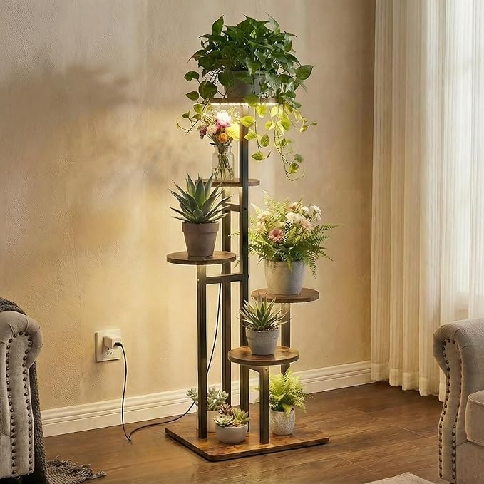 5 Tier Plant Stand Indoor with Grow Light, Tiered Plant Stands for Indoor Plants Multiple, Corner Flower Stand for Living Room, Multi-Layer Vintage Design Plant Shelf