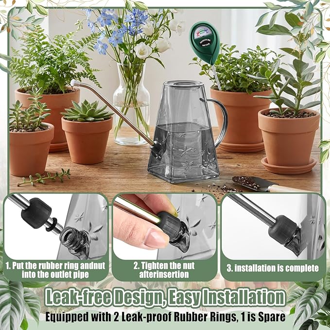 Indoor Plants Watering Can for Indoor Plants Long Probe Soil Moisture Meter Long Spout Watering Cans Water Monitor Indicator for Pot Flower House Gardening Farming(Gray,1.4 L,Trapezoid)