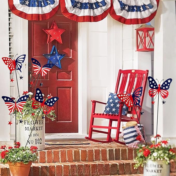 6 Pcs 4th of July Decorations Outdoor,18.2" Red White Blue Metal Butterfly Decorative Garden Stakes for Independence Day,Americana Patriotic Yard Signs Decor for Garden Lawn Porch
