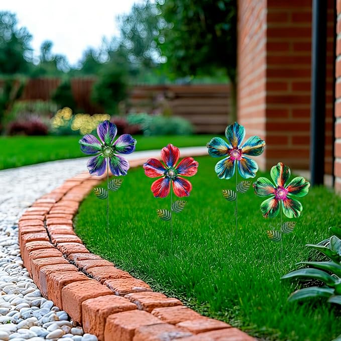 Metal Flowers Garden Stakes Outdoor Decor, 17 inch Shaking Flower Garden Yard Art, Weather Proof Flower Stakes for Yard Lawn Porch Pathway Patio Plant Pot Decorations, 4 Pack (Flower-a-Head)