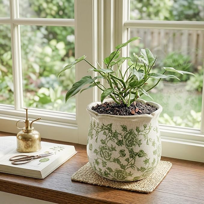 DREAMLOOM Vintage Ceramic Planter for Indoor Plants,6.1" Ice Crack Cottage Scroll Vase Tuscan Decor Flower Pots with Drainage Holes Home Kitchen Farmhouse Antique Decorative Gift (Green-Corrugated)