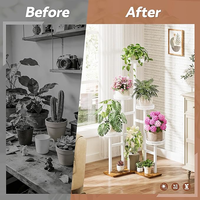 6 Tier Plant Stand, Tall Metal Wood Plant Shelf Corner Display Rack, Tiered Flower Pot Stands for Living Room Balcony Garden Patio