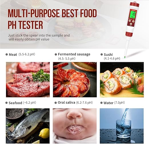 pH Meter for Food Digital pH Meter for Fermentation Hot Sauce Canning Spear Tip pH Food Tester Probe for Cheese Cooking Sourdough Bread Saliva Water Resistant Food Acidity Tester for Solid and Water