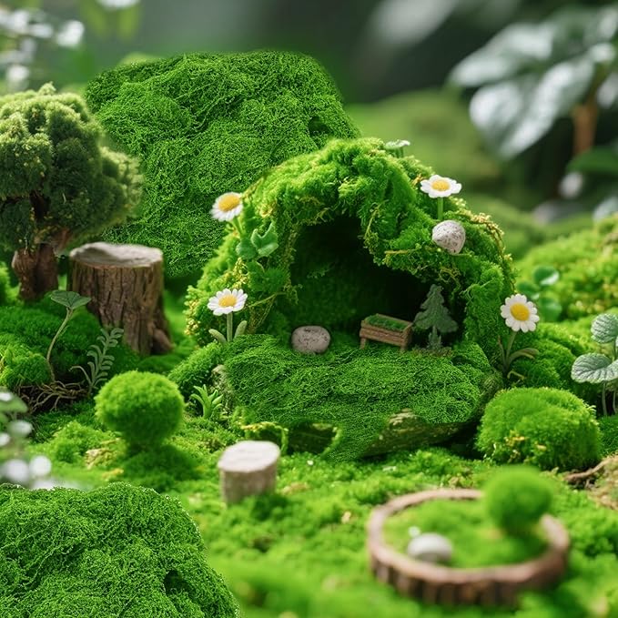 MGLIFEUL 1.125 LBS Artificial Fake Moss for Crafts Plants Indoor with Non-Stick Gloves and Tweezers，Preserved Green Plant Faux Craft Moss Musgo for Fairy Garden Outdoor Home Decorating Model Making
