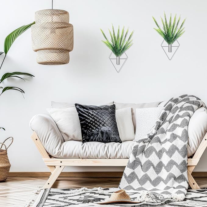 Canlierr 2 Pieces Wall Decor Hanging Planters with Artificial Plants Metal Hanging Vase Indoor Plants Holder Modern Boho Wall Art for Bathroom Bedroom Living Room Decor(Silver,Boston Fern)