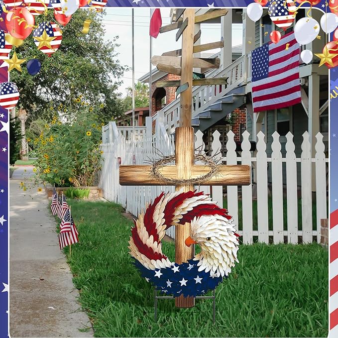 Amyhill 4th of July Outdoor Decor Patriotic Eagle Cross Metal Garden Stakes 250th Anniversary Welcome Yard Signs Decorations Red White Blue Garden Stakes for Independence Patio Lawn Walkway Outside