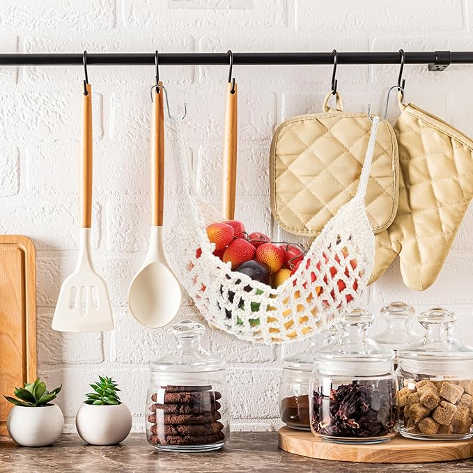 Hanging Fruit Hammock Under Cabinet Macrame Basket for Kitchen with Hooks Hand-Woven Boho Fruit Holder Net Organization Banana Basket for Home Dining Room Cabinet Decor Boat Camper Rv