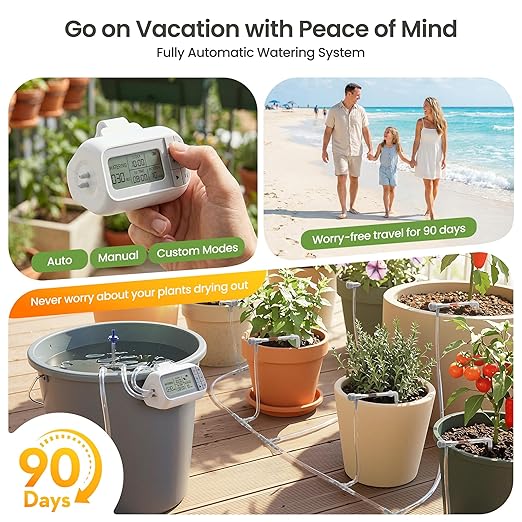 Automatic Drip Irrigation Kit, USB Rechargeable Auto Plant Watering System with Programmable Timer, Anti-Siphon Valve, DIY Irrigation System for up to 15 Outdoor/Indoor Potted Plants