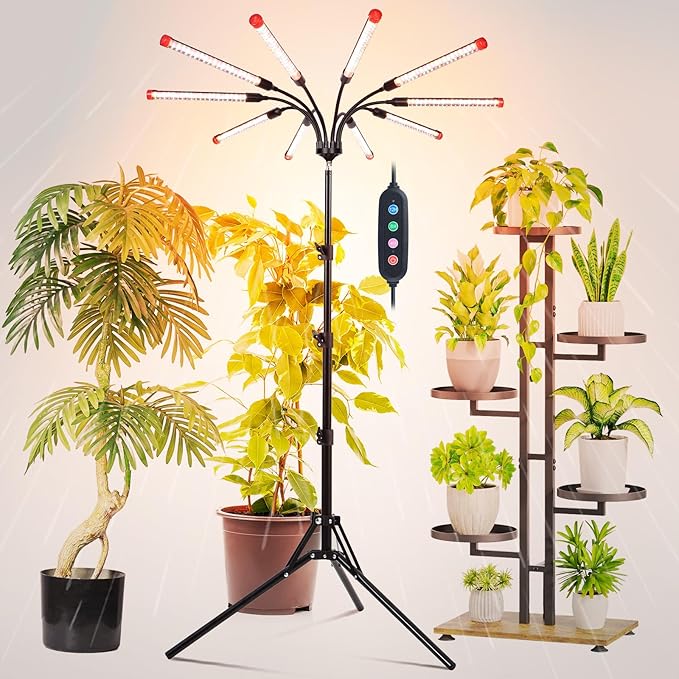 FRGROW 10Head Grow Light with Stand for Tall&Large Indoor Plants, Bonsai Tree, Big Coverage and Bright Plant Growing Lamps, 4/8/12/16/20H Timer, 90 Watt Power Draw, NO Need Adapter, 360° Gooseneck