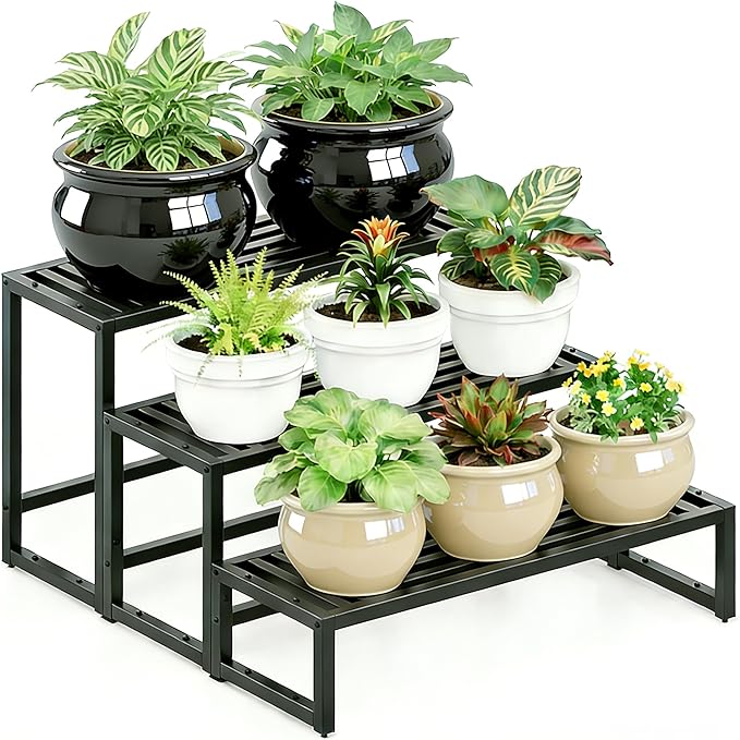 Plant Stand Indoor Outdoor,3 Tier Ladder Metal Plant Stands Riser,Heavy Duty Wrought Iron Plant Shelves for Multi Large Pots,Black Tiered Flower Display Holder for Living Room,Patio,Balcony