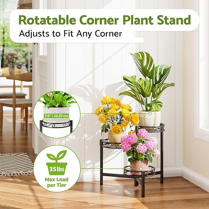 Outdoor Plant Stands for Patio 3 Tier Corner Plant Stands for Indoor Plants Living Room Black Circle