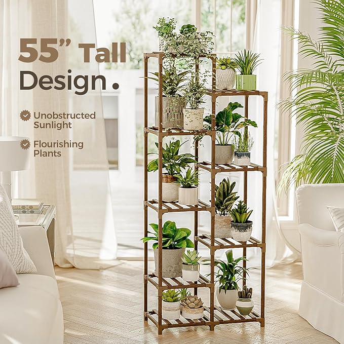 Bamworld Plant Stand Indoor Outdoor 9 Tier Tall Large Wood Plant Shelf Multi Tier Flower Stands Garden Shelves Wooden Plant Display Holder Rack for Living Room Corner