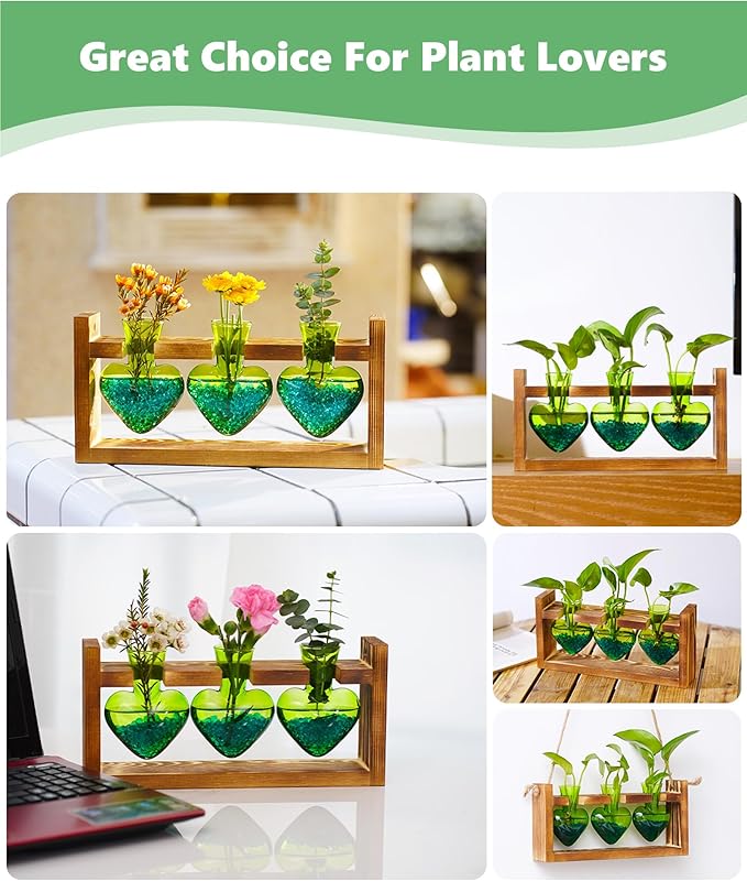 Nacome Plant Terrarium Propagation Stations: Mothers Day Gifts for Mom Plant Lovers Women Wife Daughter - 3 Bulb Glass Vase with Wooden Stand Tabletop for Hydroponics Home Garden Decor(Green)