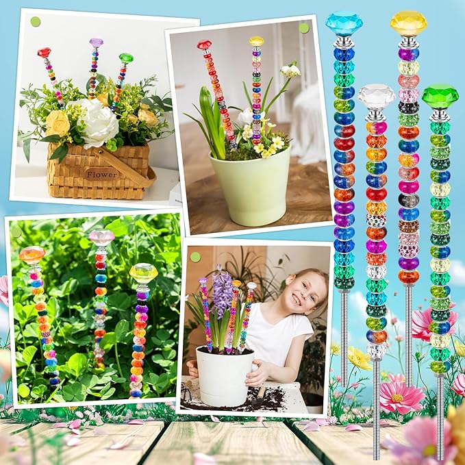 230 Pcs Beaded Garden Stakes, DIY Fairy Wand Garden Stake Beads Kits with 200 Colorful Assortment Round Large Hole Beads with 10 Crystal Stopper Top, 10 Threaded Rod and 10 Nuts for Outdoor Decoration