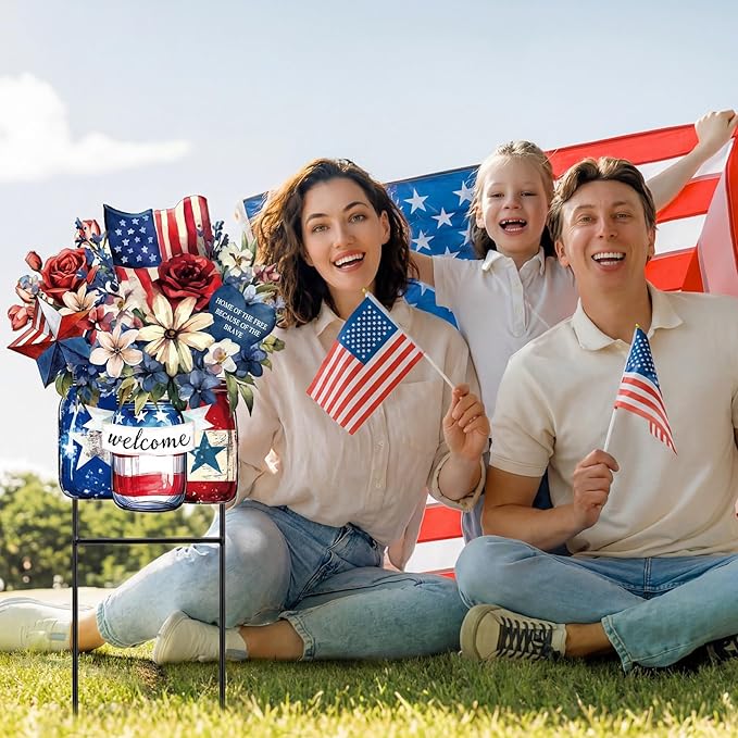 Amyhill 4th of July Metal Outdoor Decor Garden Stakes Patriotic Mason Jars Welcome Yard Signs Decorations Red White Blue Garden Stakes for Independence Memorial Day Patio Lawn Walkway Outside
