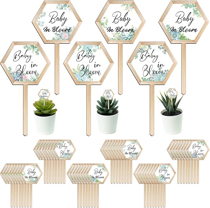 48 Pcs Baby in Bloom Succulent Tags Baby Shower Plant Stakes Labels Wooden Garden Marker Plant Signs for Succulent Markers Potted Flower (Baby Style)