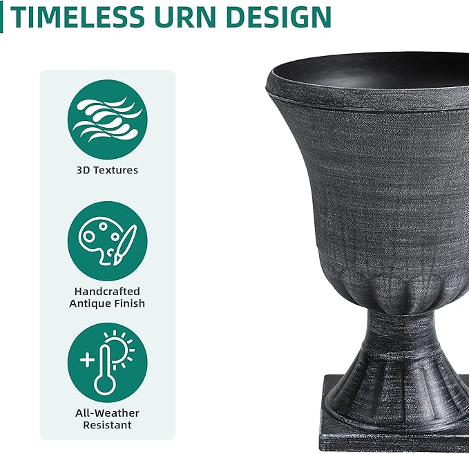 Autodaya 22" Timeless Urn Planters for Outdoor Plants, Set of 2 Plastic Large Flower Pot with Handmade Washed Black Finish, Weather-Resistant for Porch, Garden, Patio or Indoor Use