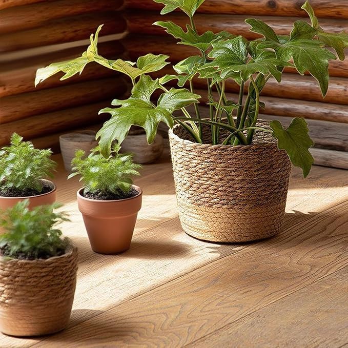 Woven Flower Pot Basket, Seagrass Storage Organizer Planter, Rustic Decorative Plant Containers Cover Laundry Bin for Porch Living Room Entryway (Khaki, 6.9Inch)