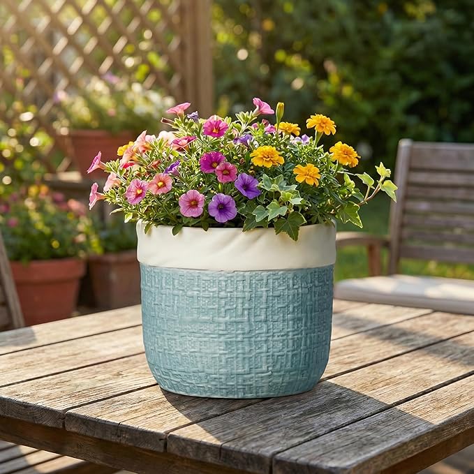 Ceramic Planter - 8 Inch Plant Pot for Indoor Outdoor Plants, Boho Planters with Drainage Hole and Plug, Round Decorative Flower Pots, Garden Home Office Decor, Plant Lover Gifts, Blue