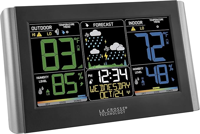 La Crosse Technology Weather Station with Customizable Alerts, Weather Forecast, Temperature, Dew Point, Humidity, Time, Heat Index, Large Display, Adjustable Brightness, Wireless, Black, C85845-INT