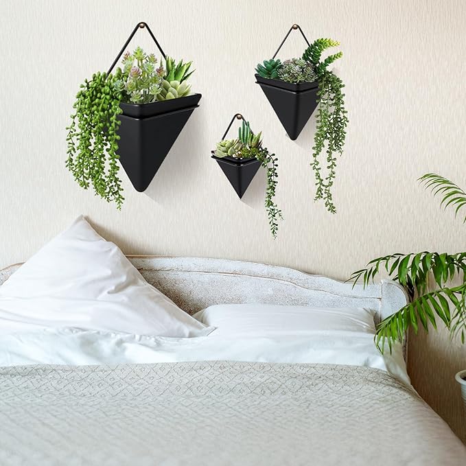 Rtteri 15 PCS Black Wall Hanging Planter Set with Artificial Succulents, 3 Ceramic Geometric Wall Planters in 3 Sizes, Modern Indoor Decor for Living Room Bathroom Office