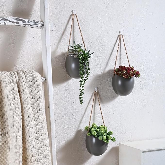 Set of 3 Ceramic Wall Vases - Hanging Pocket Planters for Indoor Plants, Wall Decor for Entryway Hallway Bathroom Living Room Dining Room