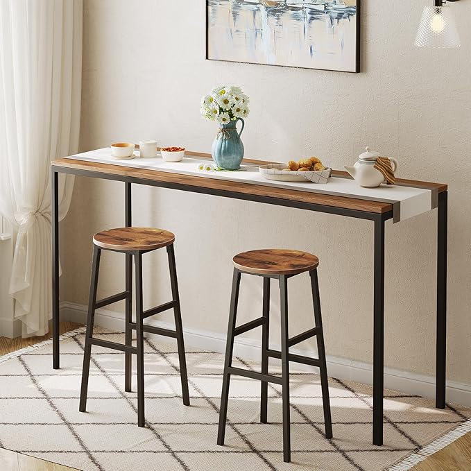 MAHANCRIS Bar Stools, Set of 2 Round Bar Chairs with Footrest, 28 Inch Kitchen Breakfast Bar Chairs, Industrial Bar Stools, Easy Assembly, for Dining Room, Kitchen, Rustic Brown BAHR02701