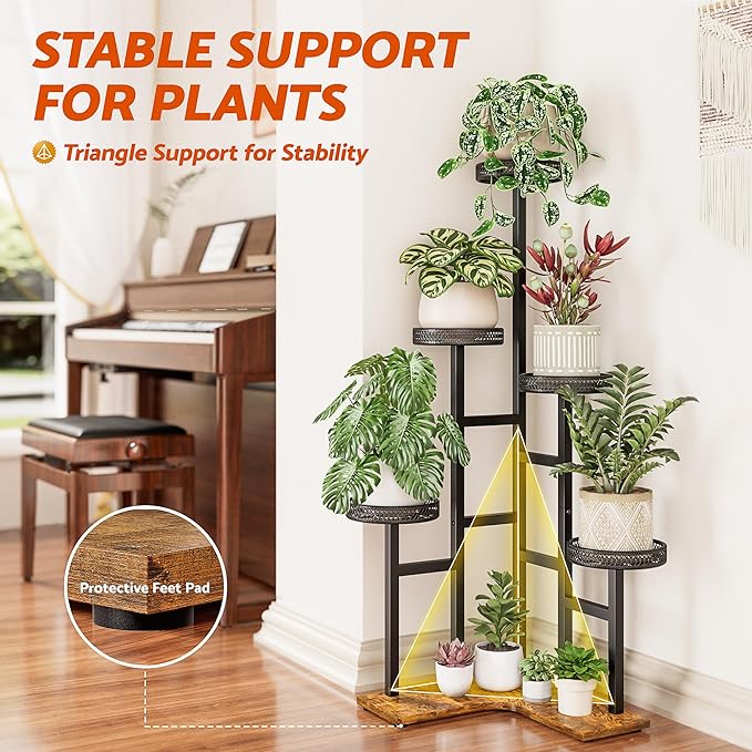 Plant Stand 6 Tier Indoor Outdoor Metal Wood Flower Shelf Corner Flower Holders for Living Room Balcony Garden Patio
