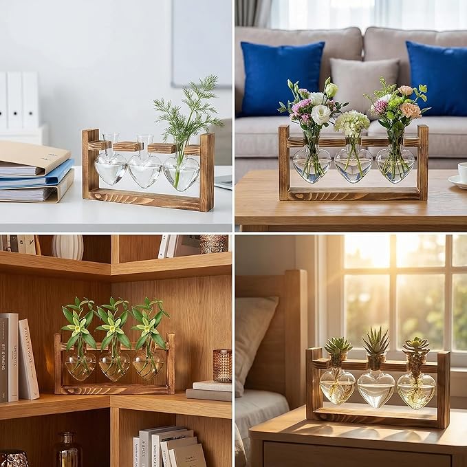 Plant Propagation Station 3Pcs Heart Vase with Wooden Stand Tabletop for Hydroponics Indoor Home Table Decor for Her Plant Lovers Women Mom Wife Daughter (Green)