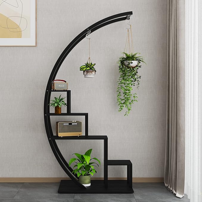 Patikuin 5-Tier Half Moon Metal Plant Stand Set of 2 – Tall Indoor & Outdoor Ladder Flower Shelf Rack with Hanging Hooks, Modern Multi-Tier Display for Living Room, Balcony & Garden