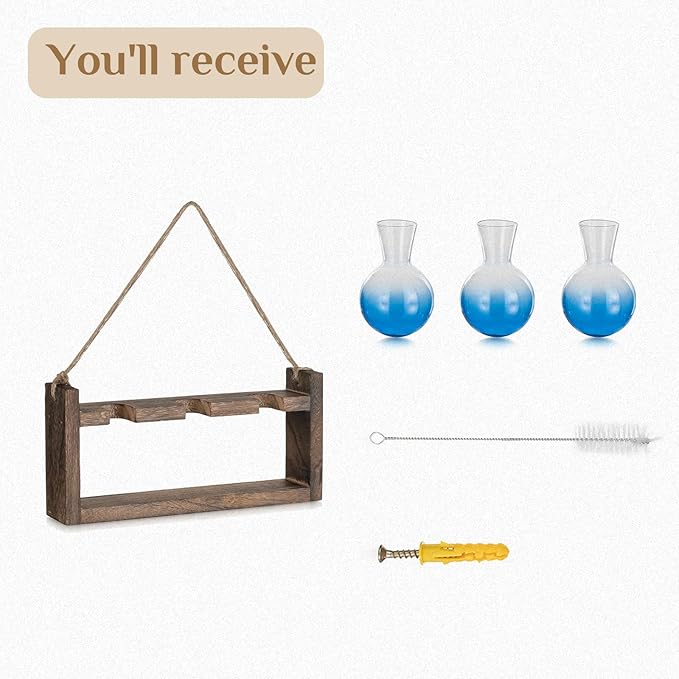 Plant Propagation Station with Wood Stand - Wall Glass Terrarium for Cuttings Air Plants Small Flower Pothos - Gift for Women Plant Lovers (Gradient Blue)
