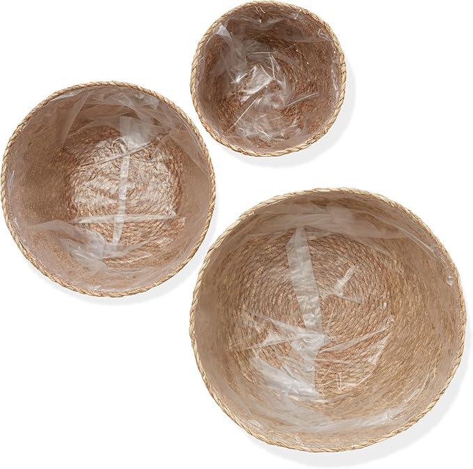 Casafield Set of 3 Seagrass Planter Baskets with Liners - Natural, Hand Woven Indoor Flower Pot Covers for Plants, Succulents, Home Decor
