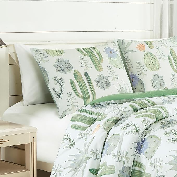 Chezmoi Collection Cereus 3-Piece Southwestern Serene Desert Comforter Set - Green Blue Cactus Succulent Plant Printed Washed Microfiber Bedding, Full