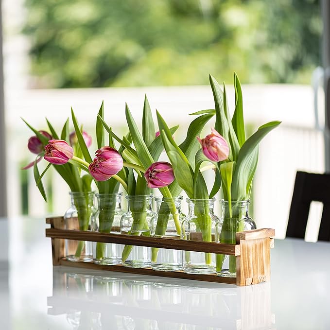 Beautiful Glass Flower Vase with Wooden Plant Stand & 6 Bud Vases, Decorative Glass Bottles for Home Décor, Dining Table Centerpiece, Wedding, Bridal Shower, Events - Vintage Medicine Bottles.