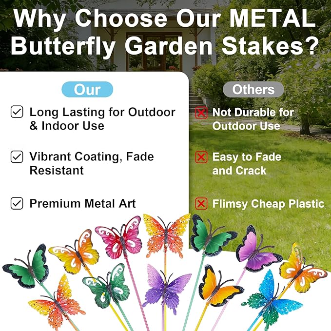 hogardeck Garden Decor for Outside, Set of 20 Metal Butterfly Decorative Garden Stakes for Spring Decor, Yard Art Garden Decorations for Outdoor Lawn Pathway Patio