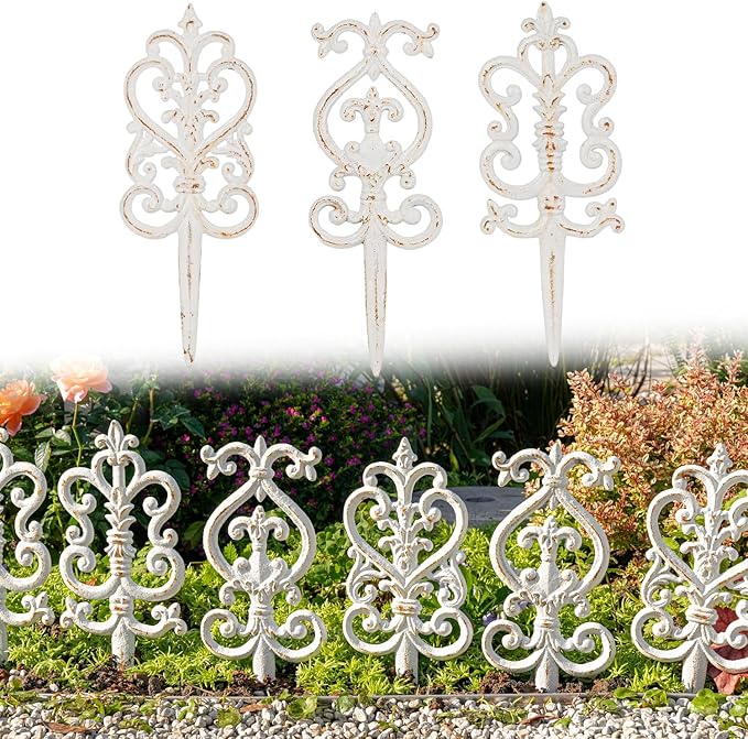 Sungmor Vintage Cast Iron Garden Stakes - 3PCS Ornate Metal Plant Stakes for Yard Art, Patio,Lawn Ornamentation,5.3inch Tall Antique White Finish,Exquisite Garden Decor