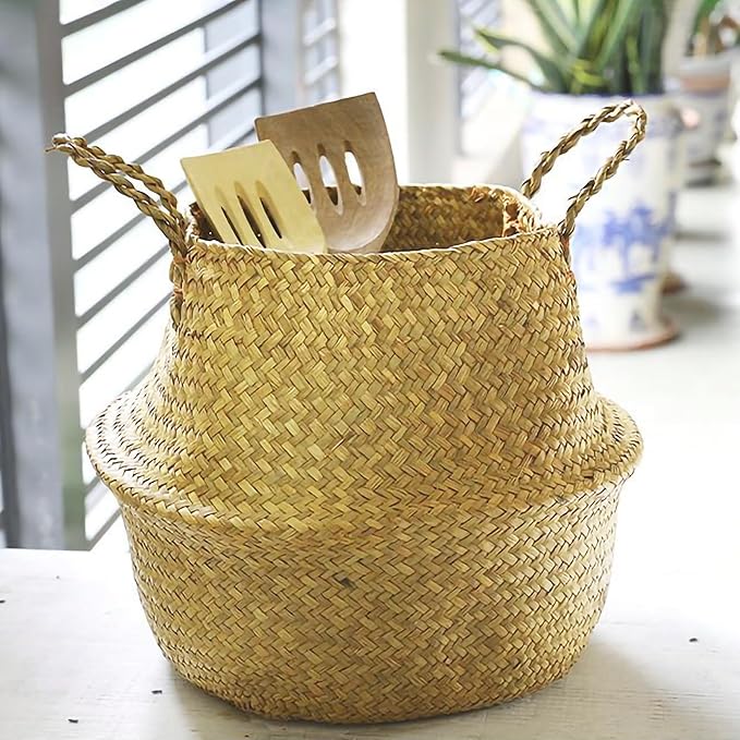 FixtureDisplays 14" x 16" x 10.5" Woven Seagrass Belly Basket Plant Basket with Handles Handmade Home Decor Basket for Storage Plants, Laundry, Picnic, Plant Pot Cover, Beach Bag and Grocery Basket