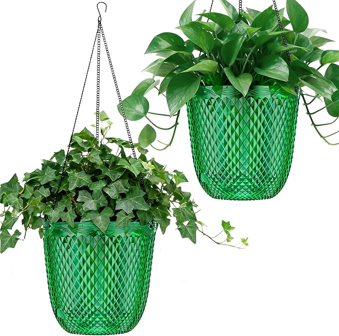 QCQHDU Hanging Planters for Indoor Plants, 2-Pack 5.7 Inch Self Watering Hanging Pots, Plastic Plant Hanger with Drainage Holes and 3 Hooks Chains for Garden Home (Emerald)