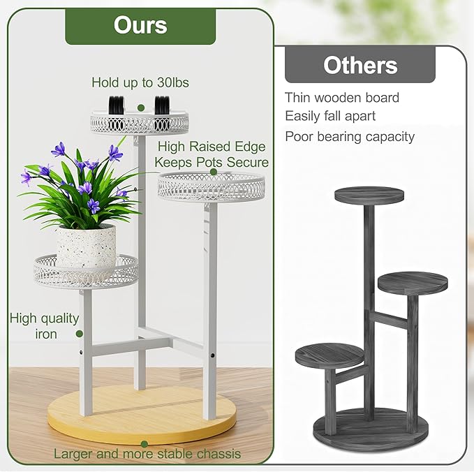 White Stand Plants, 3-Tier Metal Plant Stands for Outdoor Indoor Plants,Heavy Duty Flower Pot Stands for Multiple Plants,Decoration Display Racks for Patio Garden -WhiteFlower